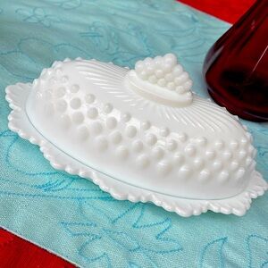 Vintage Fenton Oval Milk Glass Hobnail Butter Dish with a lid ,stamped